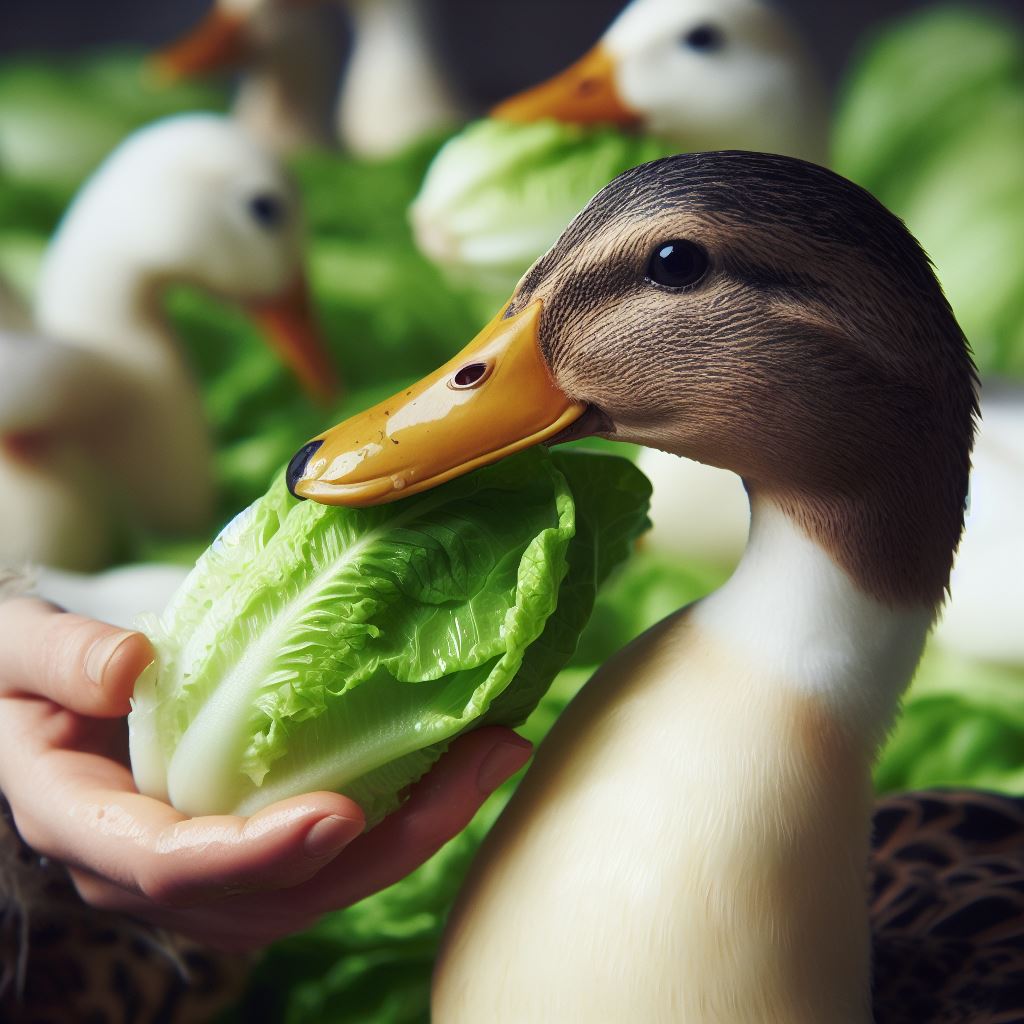 Duck Eating a Piece of Romaine Lettuce