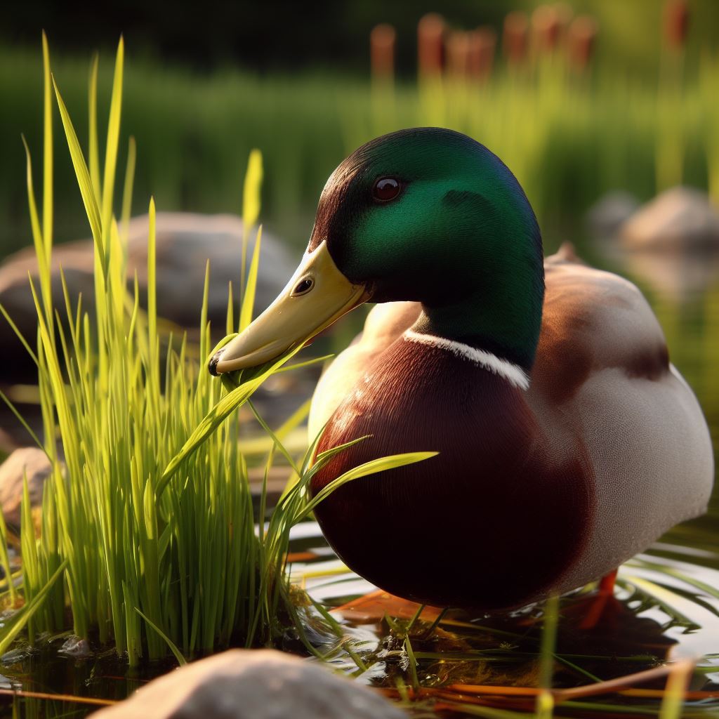 Wild Ducks Eat Grass
