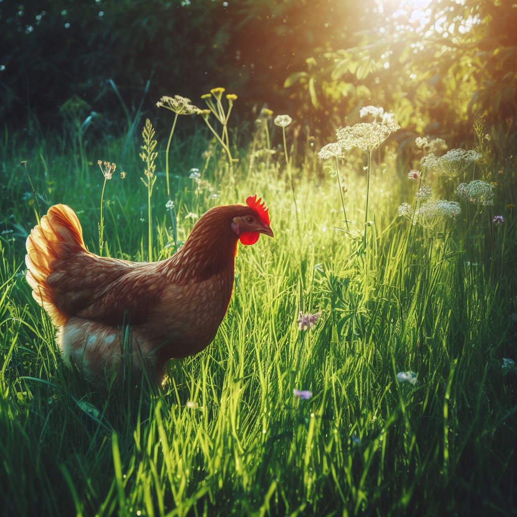 Chicken foraging on green pasture