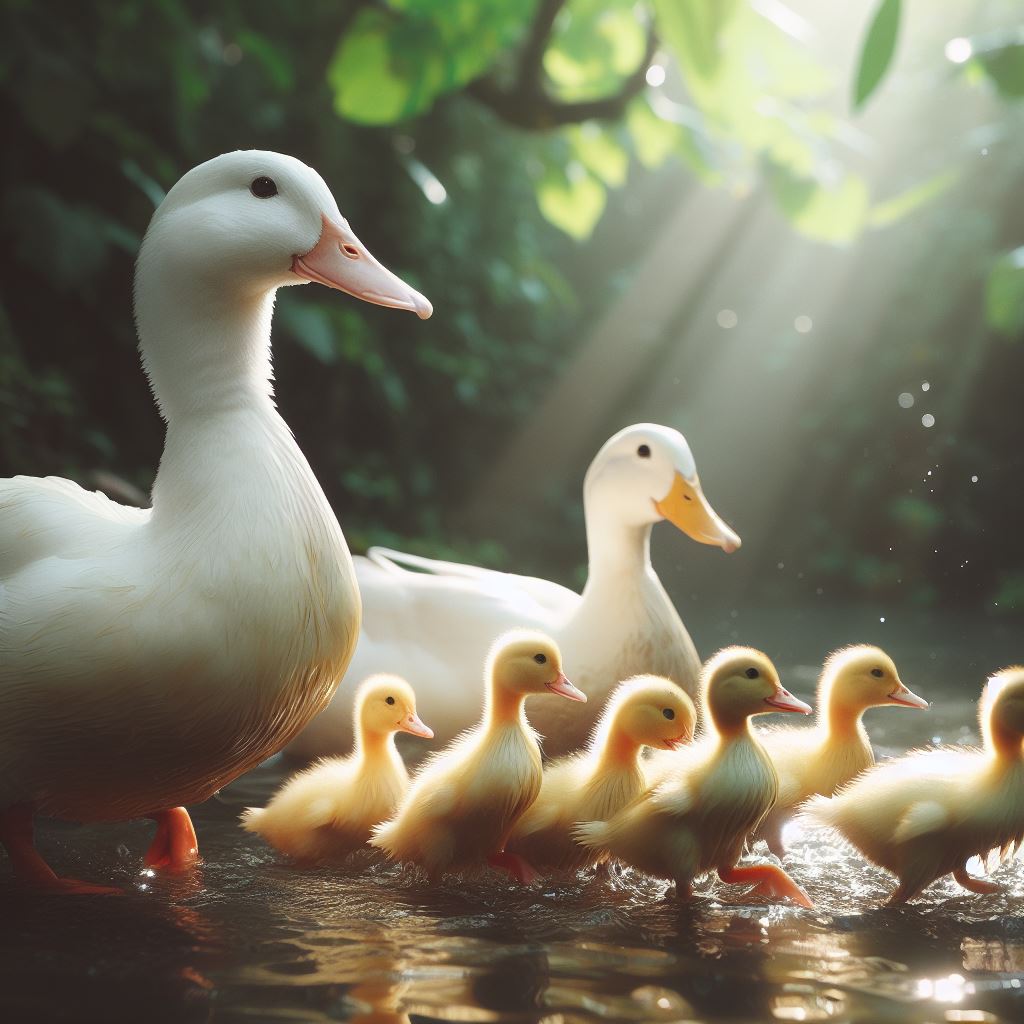 Duck and ducklings in a pond