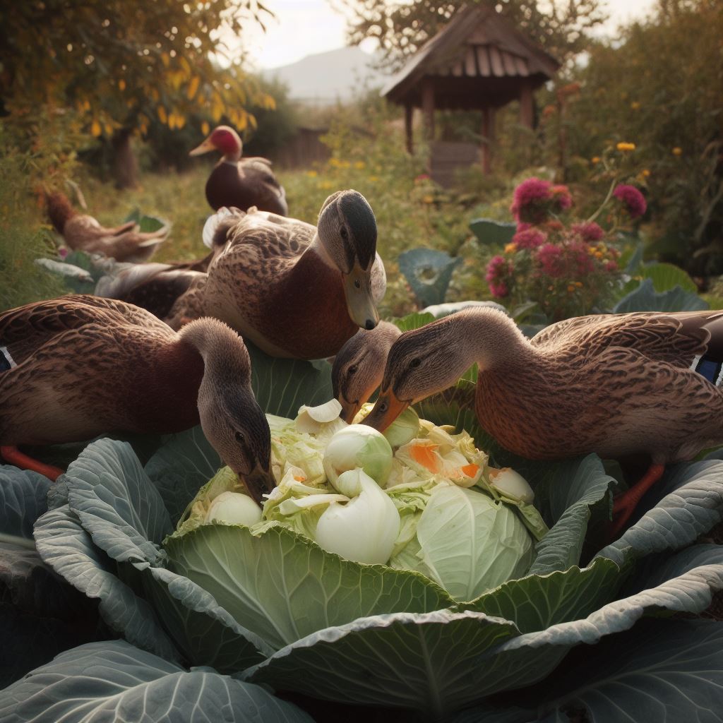 Ducks eating cabbage